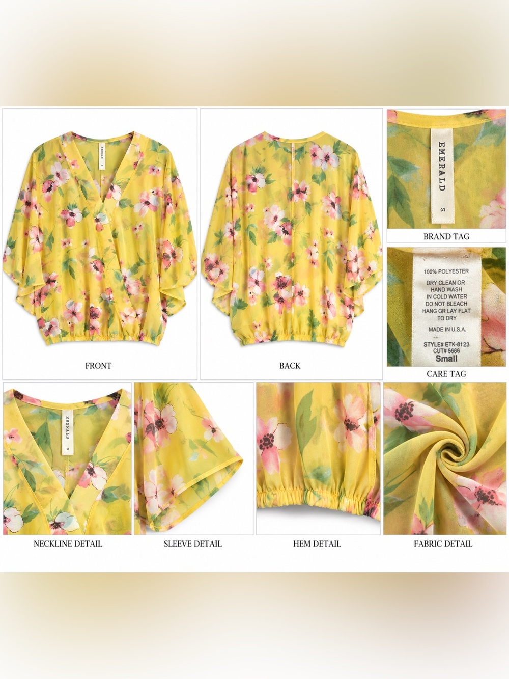 Emerald Yellow Floral V-Neck Blouson Top